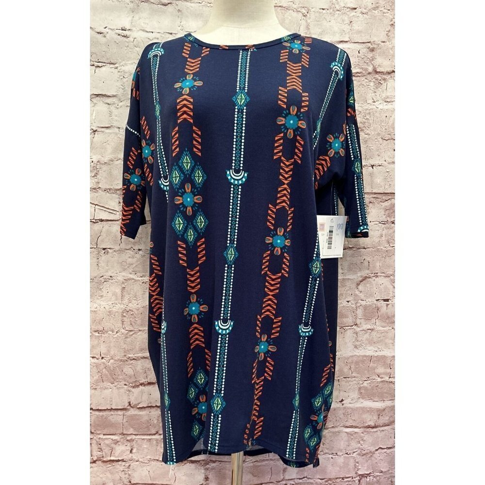 LuLaRoe IRMA Tunic Top Womens XXS Navy Blue Aztec Southwest Print Hi Lo Hem NEW